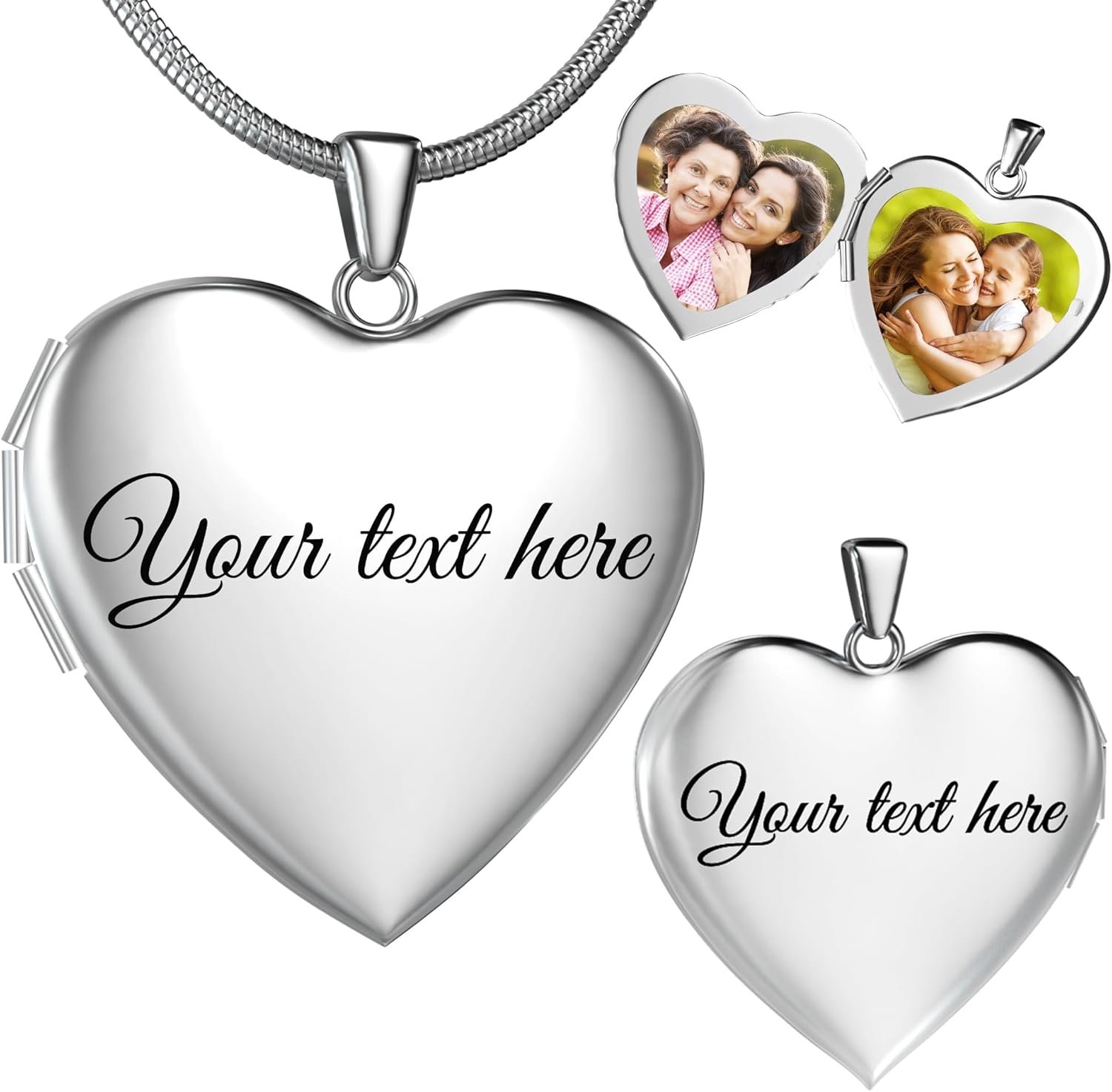 Fanery Sue Personalized Heart Locket Necklace That Holds Pictures, Customized Locket Necklace with Photos Inside, Silver Gold Memorial Jewelry Mothers Day Gifts for Women