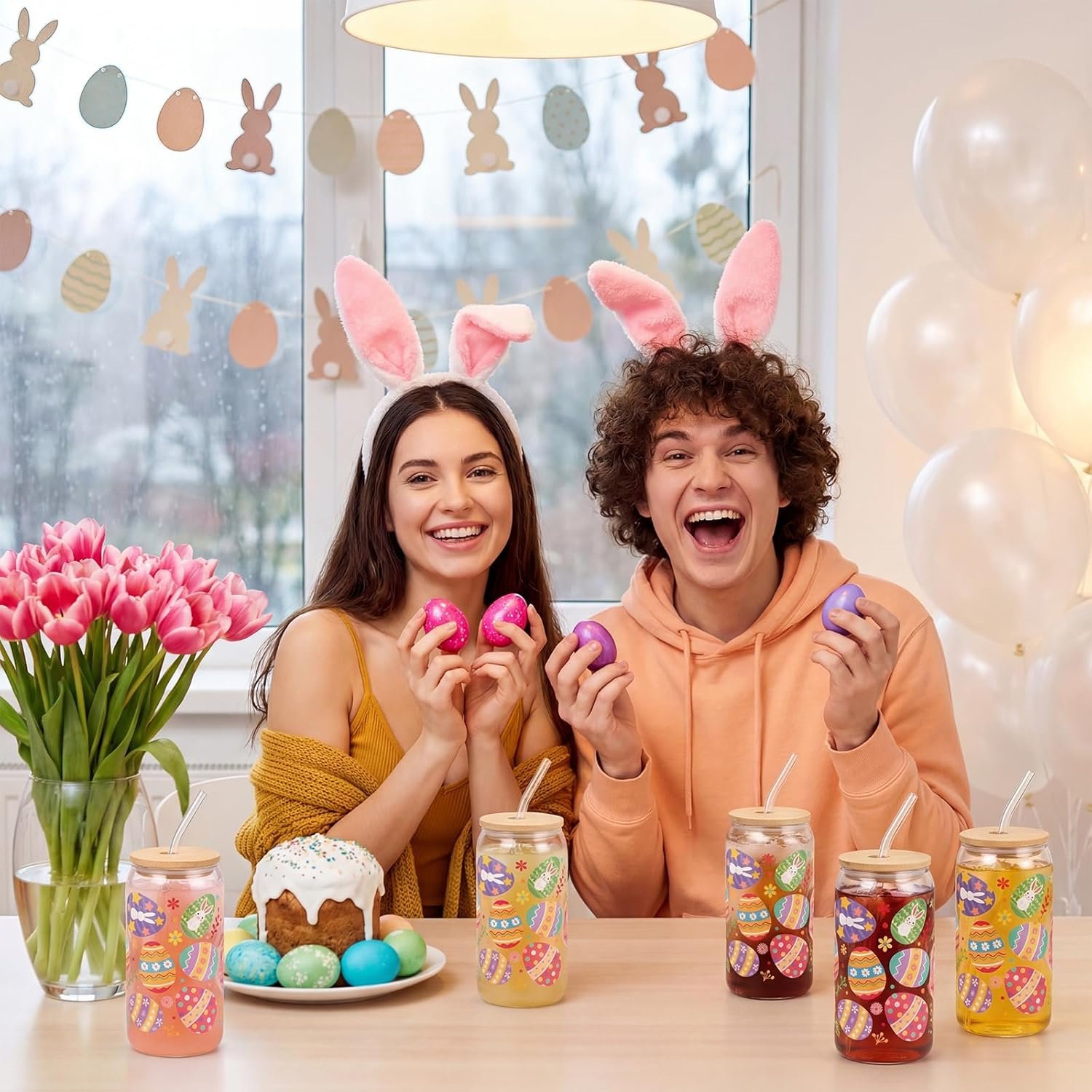 Yungyan 6 Pcs Easter Glass Cup with Lids and Straws, 16 oz Eggs Tumbler Easter Drinking Glasses Iced Coffee Cup Drinking Jars for Women Men Couple Lover Birthday Party Favor Gift - Image 6