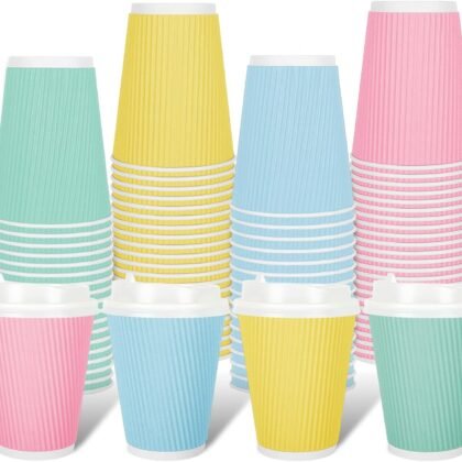 Whaline 100 Pcs Spring Pastel Color Disposable Coffee Cups with Lids Paper Cups 12 Oz Yellow Pink Blue Green Corrugated Ripple Wall Insulated Hot Cup for Spring Summer Home Office Party Supplies