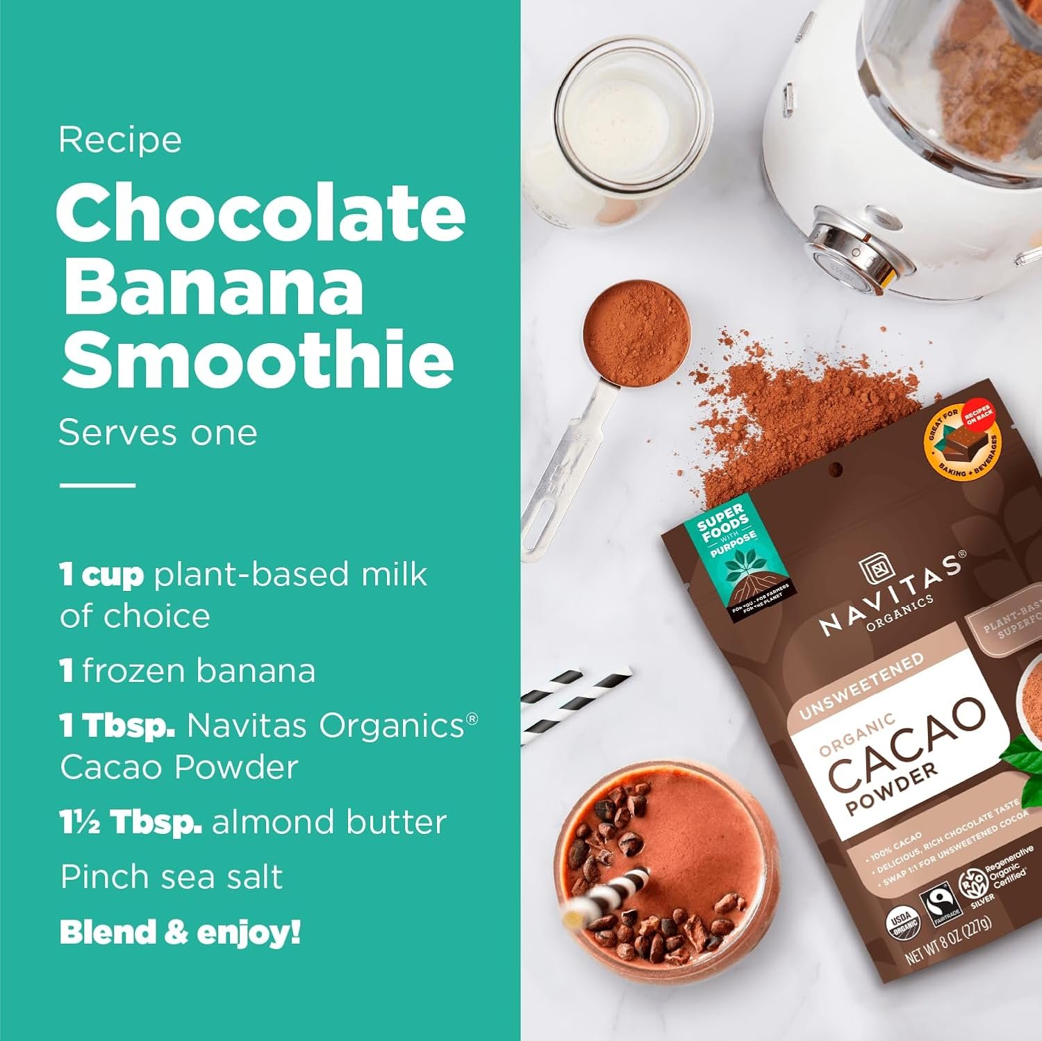 Navitas Organics Cacao Powder - Cocoa Powder Substitute 1:1, For Hot Chocolate, Baking & More - Regenerative Organic Certified, Non GMO, Fairtrade, Gluten Free, Non-alkalized (24oz. Bag, 113 Servings) - Image 4