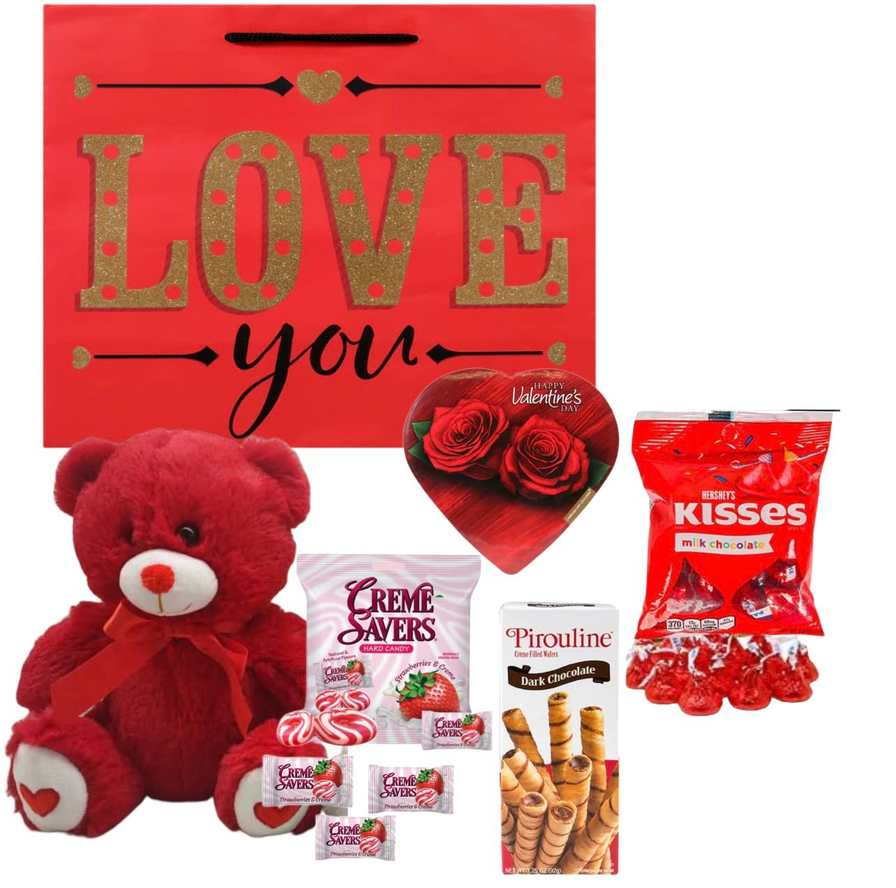 Valentines Day Gift Basket Set | Teddy Bear Plush (COLOR VARYS), Creme Savers Hard Candy, Individually Wrapped, Hershey Kisses Milk Chocolate, Heart Shape Elmer Chocolates Dark Chocolate or Hazelnut Pirouline Wafers, & Valentine Bag (Design Varies | - Image 8