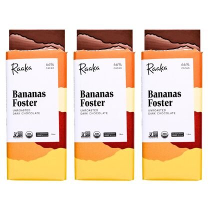 Raaka Chocolate Bananas Foster 66% Cacao Dark Chocolate | Gourmet Dark Chocolate Gift | Organic, Vegan, Fair Trade, Soy Free, Non GMO, Gluten Free, Kosher | 1.8oz Bars, 3-Pack