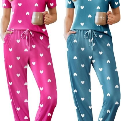 Ekouaer Pajamas for Women Set 2 Pack Lounge Set Short Sleeve Pjs Joggers Long Pants Loungepwear with Pockets