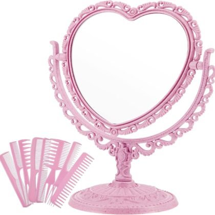 CHENGU Heart Shaped Mirror 8 Pieces Hair Styling Combs Double Sided Rotatable Dresser Heart Mirror Makeup Gifts for Girls Gift Vanity Tabletop(Pink)