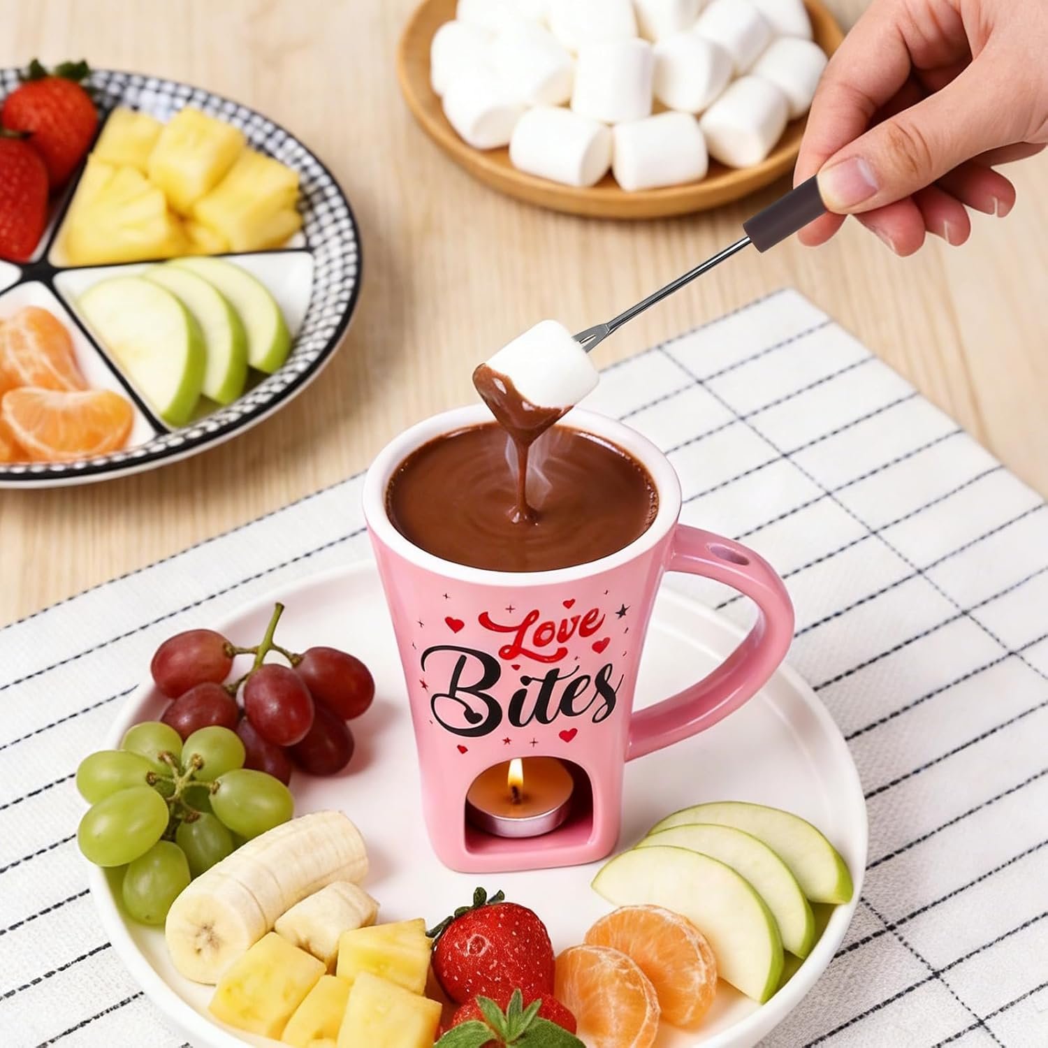 Chocolate Fondue Gift Set - Ceramic Mug with Fork & 2 Tealights for Melting Chocolate, Cheese, Candy | Valentine‘s, Birthday Present, Anniversary Gift for Date Night (Pink) - Image 7