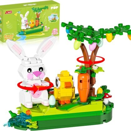 Easter Egg Hunt Bunny Building Rotate Toy Set - Movable Ears Forest Base Running Water Rotating Mechanism to Rotate Bunny Tree, Chick Rabbit Festival Decoration Gifts for Kids Adults Boys Girls 8+