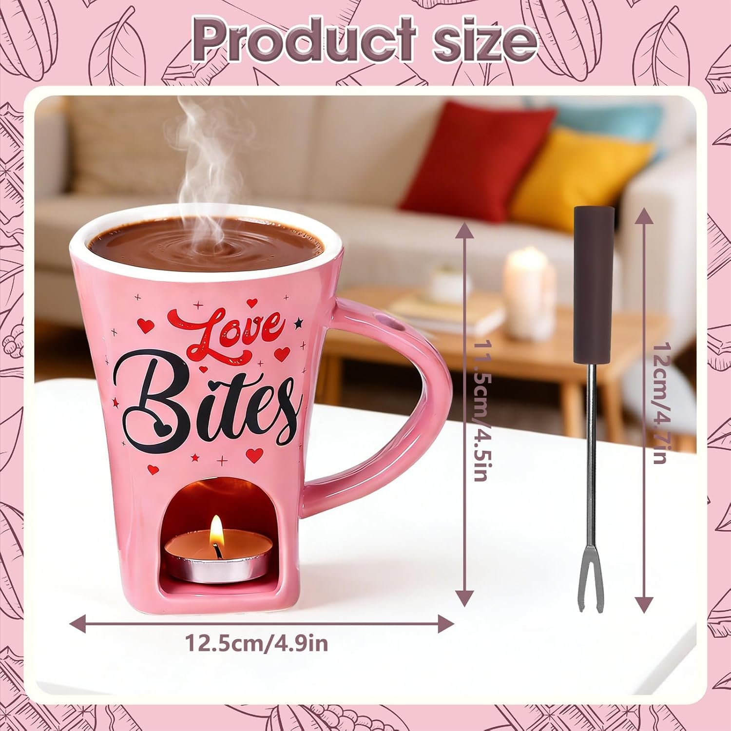Chocolate Fondue Gift Set - Ceramic Mug with Fork & 2 Tealights for Melting Chocolate, Cheese, Candy | Valentine‘s, Birthday Present, Anniversary Gift for Date Night (Pink) - Image 4