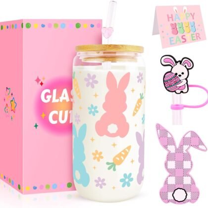 Easter Glass Cups with Lids and Straws, Easter Basket Stuffers Gifts for Women Girls Teens Daughters, 16oz Peeps Bunnies Iced Coffee Drinking Glass Cups Tumbler Mug