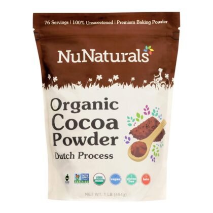 NuNaturals Unsweetened Organic Fairtrade Certified Cocoa Powder, Premium Dutch-Process For Drinking and Baking, 1 lb