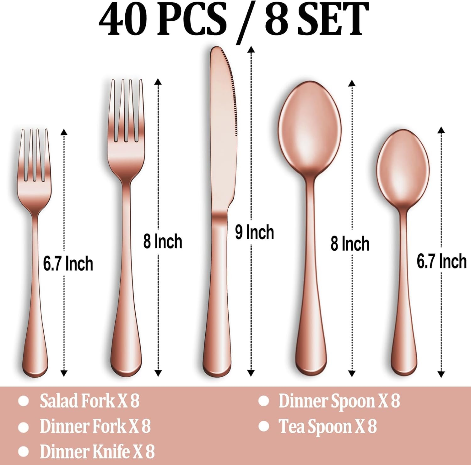40 Pcs Rose Gold Silverware Set Service for 8, Premium Stainless Steel Flatware Set, Cutlery Utensil Set, Durable Home Kitchen Eating Tableware Set, Include Fork Knife Spoon Set, Dishwasher Safe - Image 2