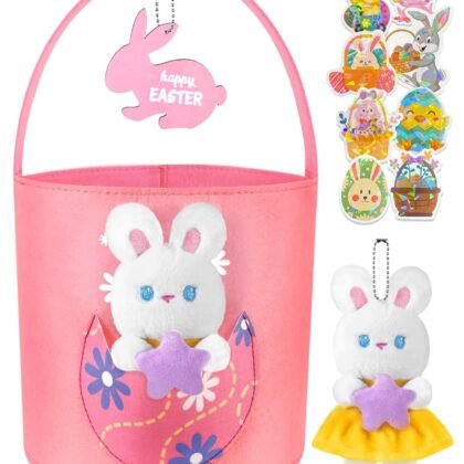 Swooflia Cute Bunny Easter Basket for Kids - Personalized Large Felt Bags Includes One Small Plush Doll My First Tote Bucket Name Tag Easter Egg Hunts, Gift for Girls Boys Toddler Baby