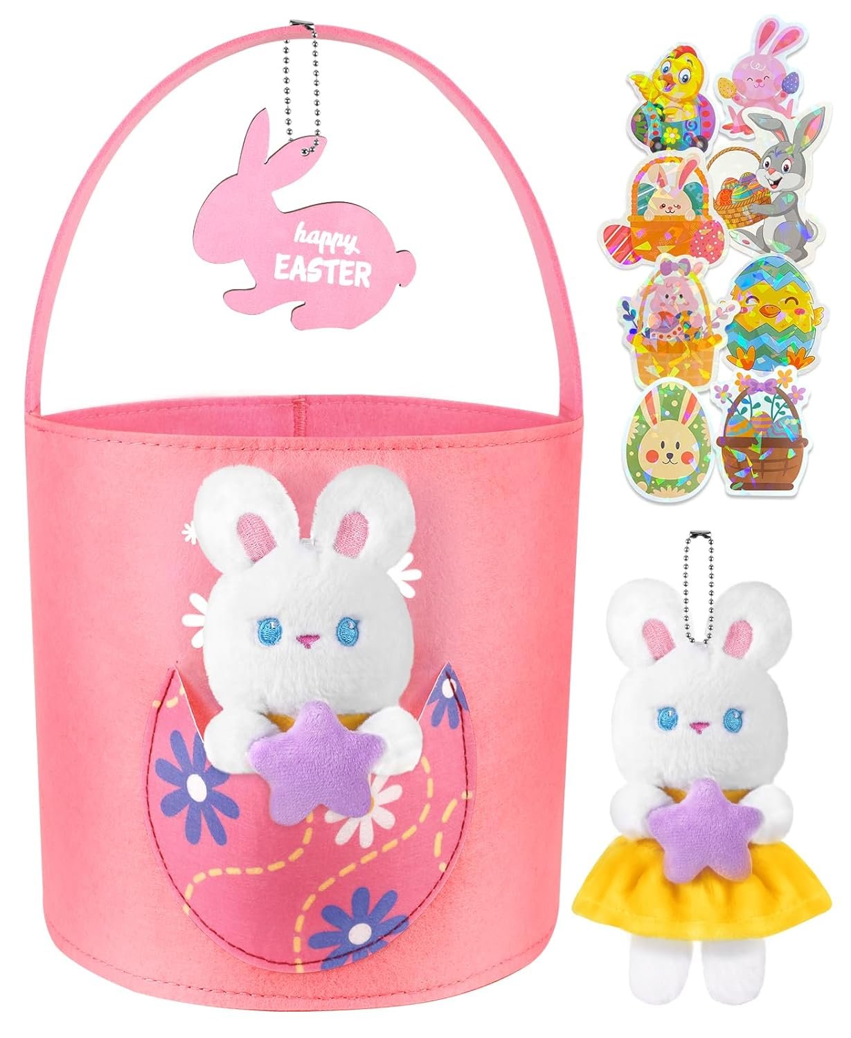 Swooflia Cute Bunny Easter Basket for Kids - Personalized Large Felt Bags Includes One Small Plush Doll My First Tote Bucket Name Tag Easter Egg Hunts, Gift for Girls Boys Toddler Baby