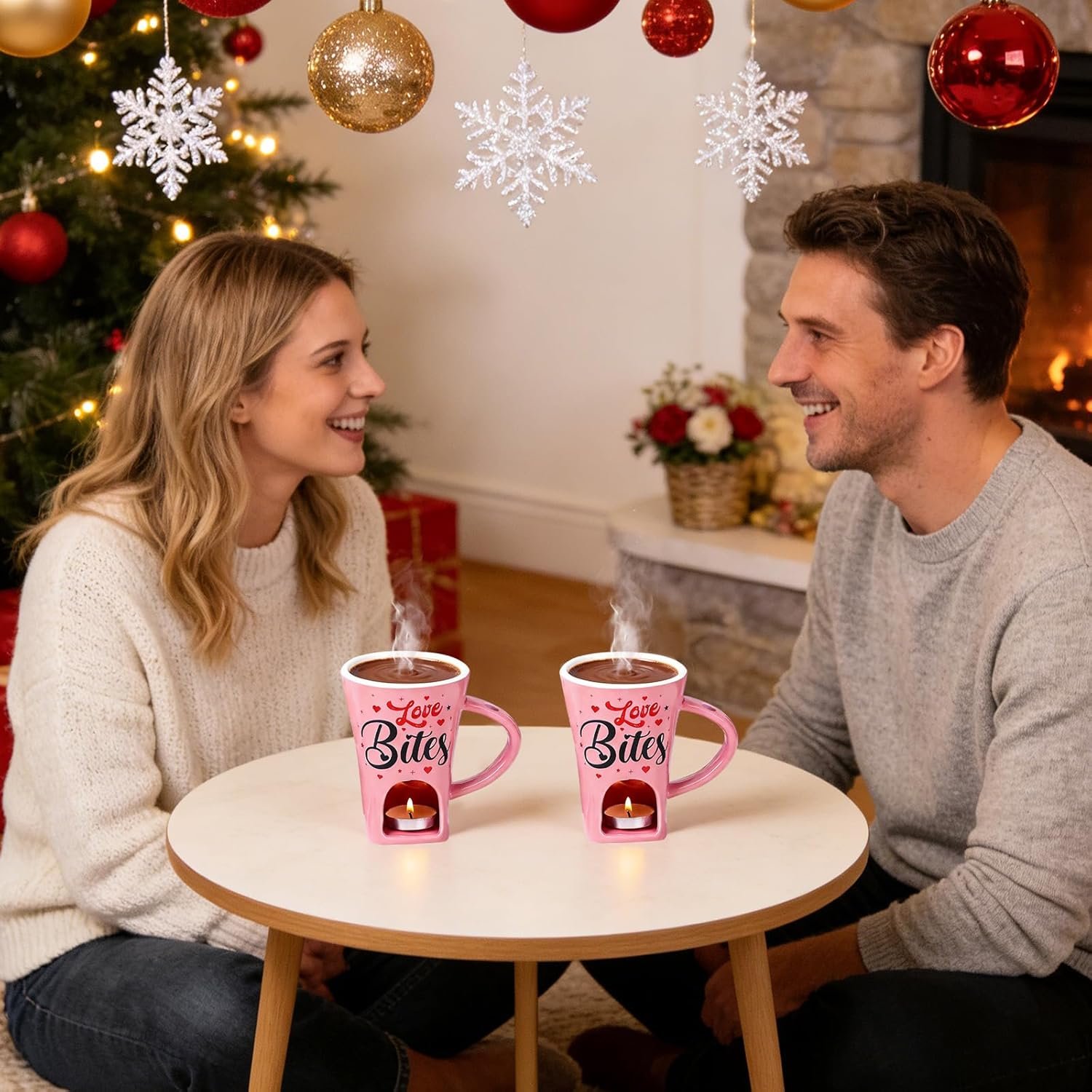 Chocolate Fondue Gift Set - Ceramic Mug with Fork & 2 Tealights for Melting Chocolate, Cheese, Candy | Valentine‘s, Birthday Present, Anniversary Gift for Date Night (Pink) - Image 5