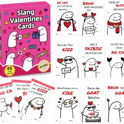 Slang Valentines Day Cards for Kids, 48 Pack Valentine Cards for Kids Classroom School, Funny Slang Greeting Cards for Boys Girls Classroom Prizes Exchange Gifts