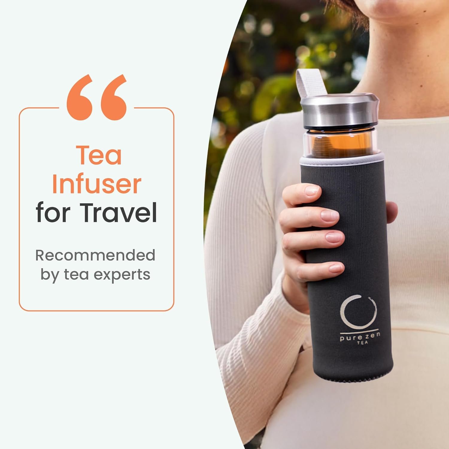 Pure Zen Tea Tumbler with Infuser - Double Wall Glass Travel Mug with Stainless Steel Filter - Leakproof Tea Infuser Bottle for Loose Leaf Infusions and Fruit Infused Water - Unique Gift Set - 13 oz - Image 5