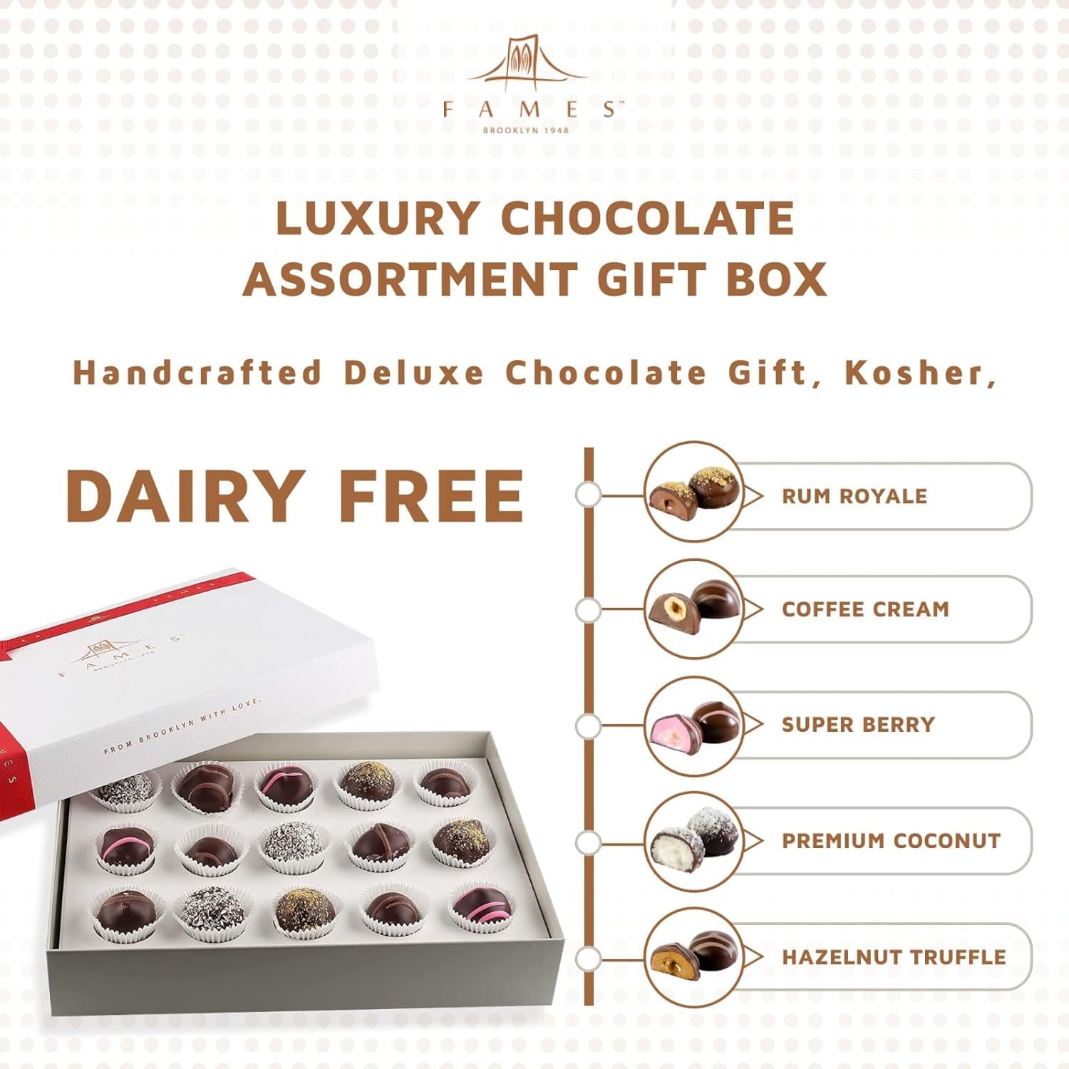 Luxury Chocolate Deluxe Assortment Gift Box - Kosher, Dairy Free and Chocolate Candy, Coffee Cream, Premium Coconut, Berry Filled, Rum, & Hazelnut Truffle - Fancy Valentines Chocolate Gift Box - Image 6