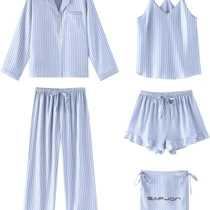 SAPJON Satin Silk Pajamas for Women Set 5PCS Classic Button Down Pajamas Top and Pants Cami and Ruffle Shorts Sleepwear