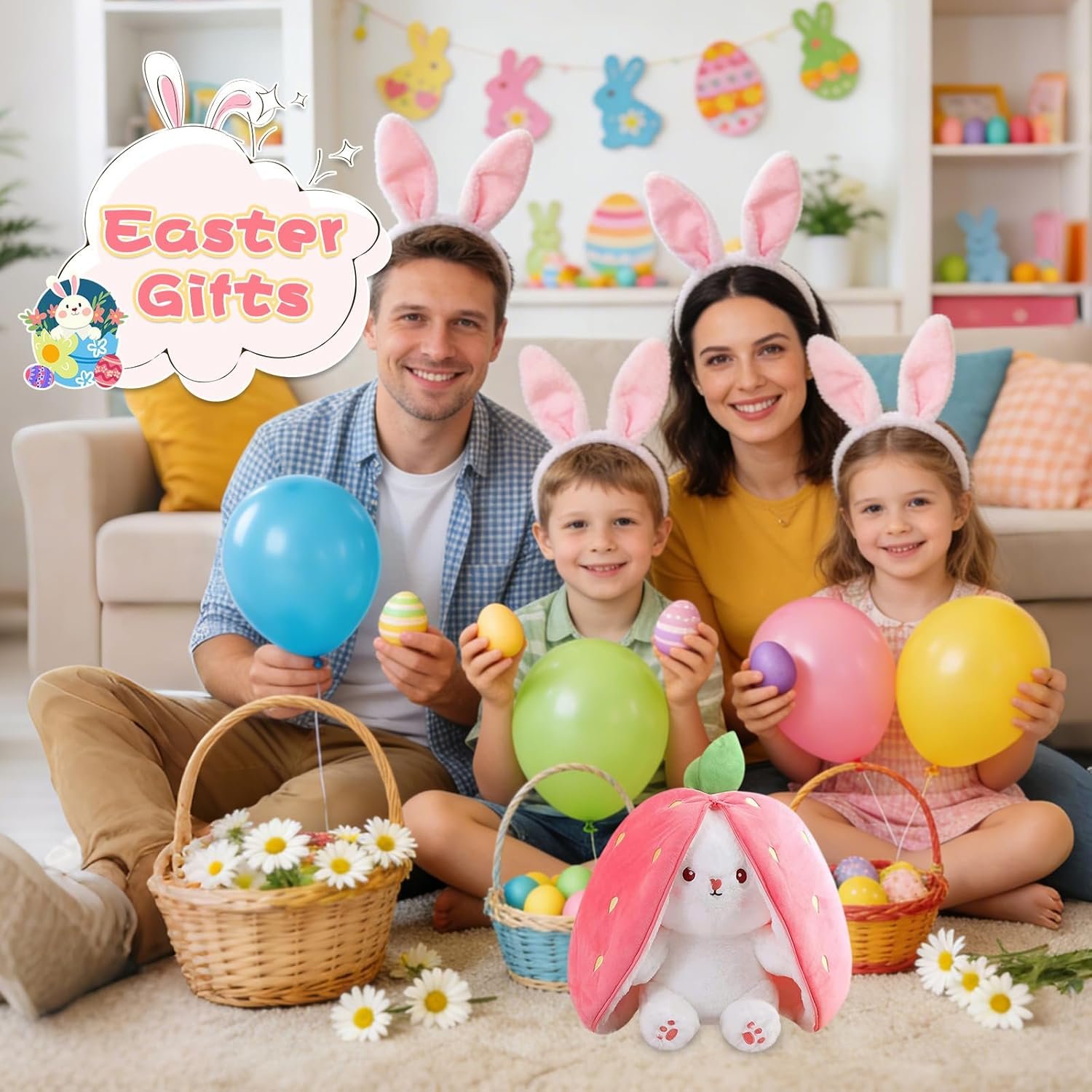 MIAODAM Easter Bunny Stuffed Animal, Carrot and Strawberry Bunny Plush Turn Into Rabbit Fruit Doll, Plushies Funny Bunny Toy for Baby (Strawberry Rabbit, 10inch) - Image 4