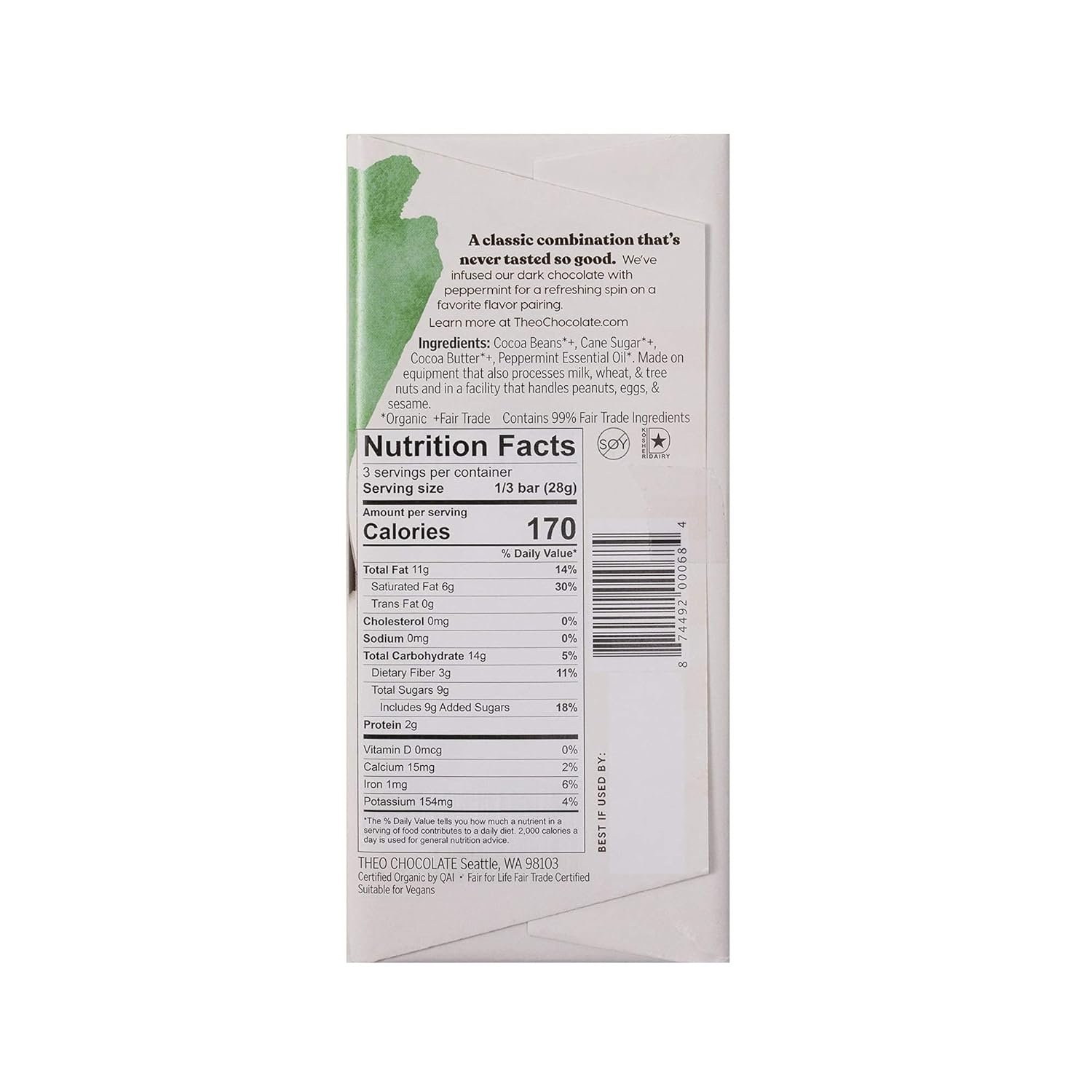 Theo Mint Organic Dark Chocolate Bar, 70% Cacao, 1 Bar | Vegan, Fair Trade - Image 2