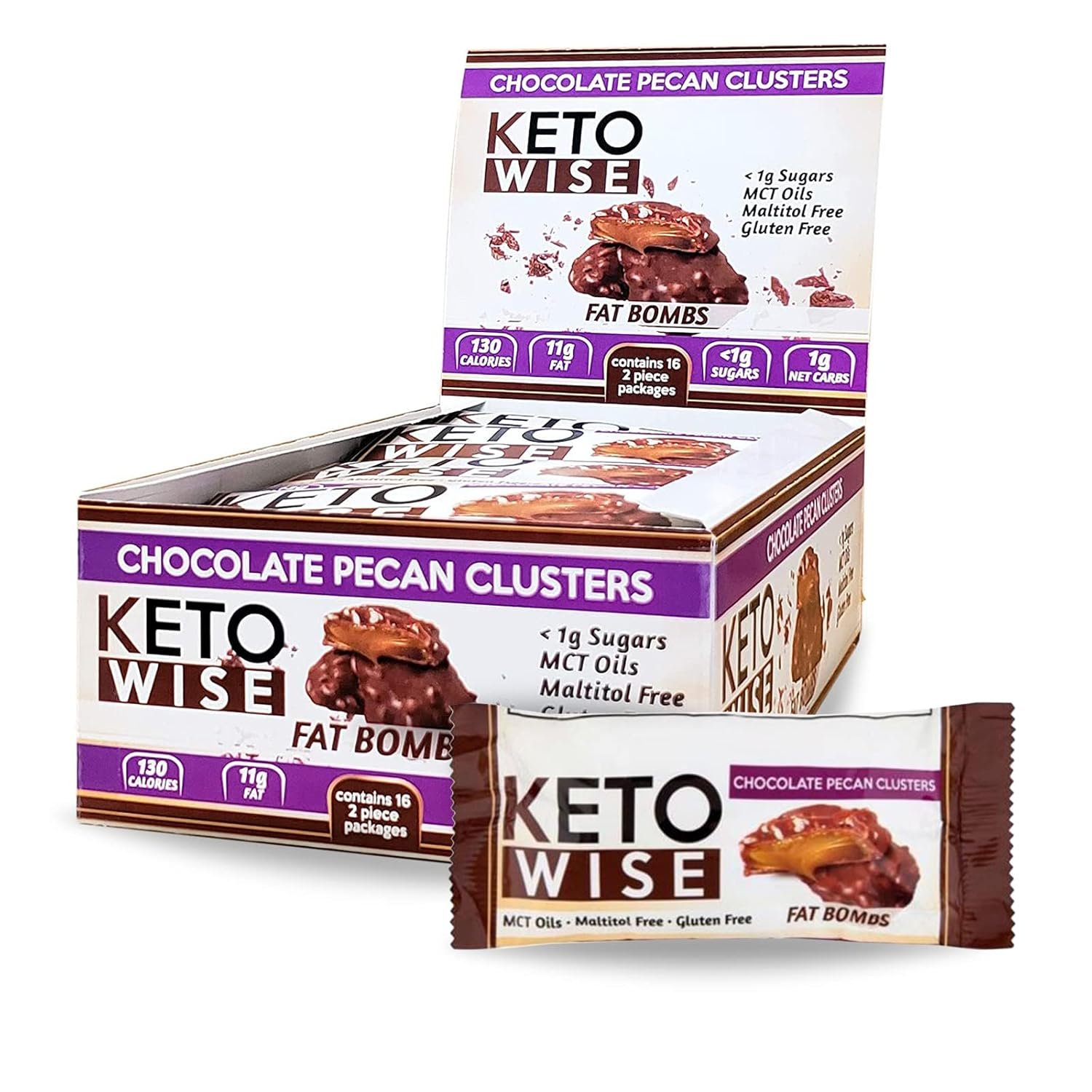 Keto Wise Fat Bombs - Chocolate Pecan Clusters - 16 packs 32g each