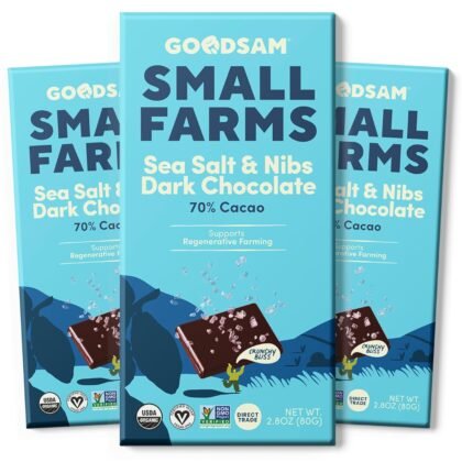 GoodSAM Organic Sea Salt & Nibs 70% Dark Chocolate (Pack of 3) - Non GMO, Vegan, Regenerative Farming, Direct Trade