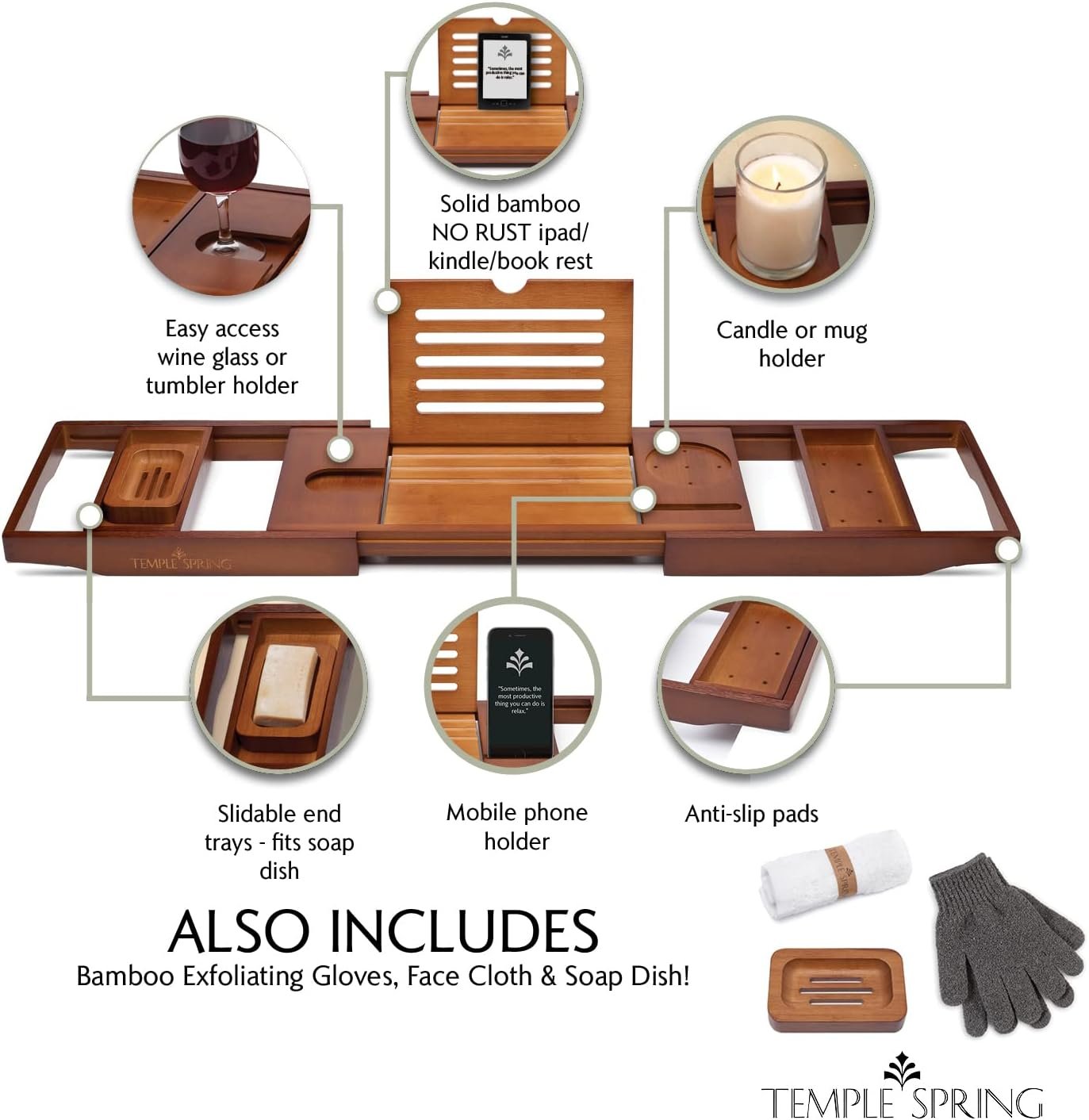 Temple Spring Wooden Bathtub Tray, Bamboo Bathroom Accessories, Bath Tray for Tub, at Home Spa Essentials, Board for Tub Table, Bath Caddy for Bathtub Accessories & Bathroom Essentials – Wood Brown - Image 2