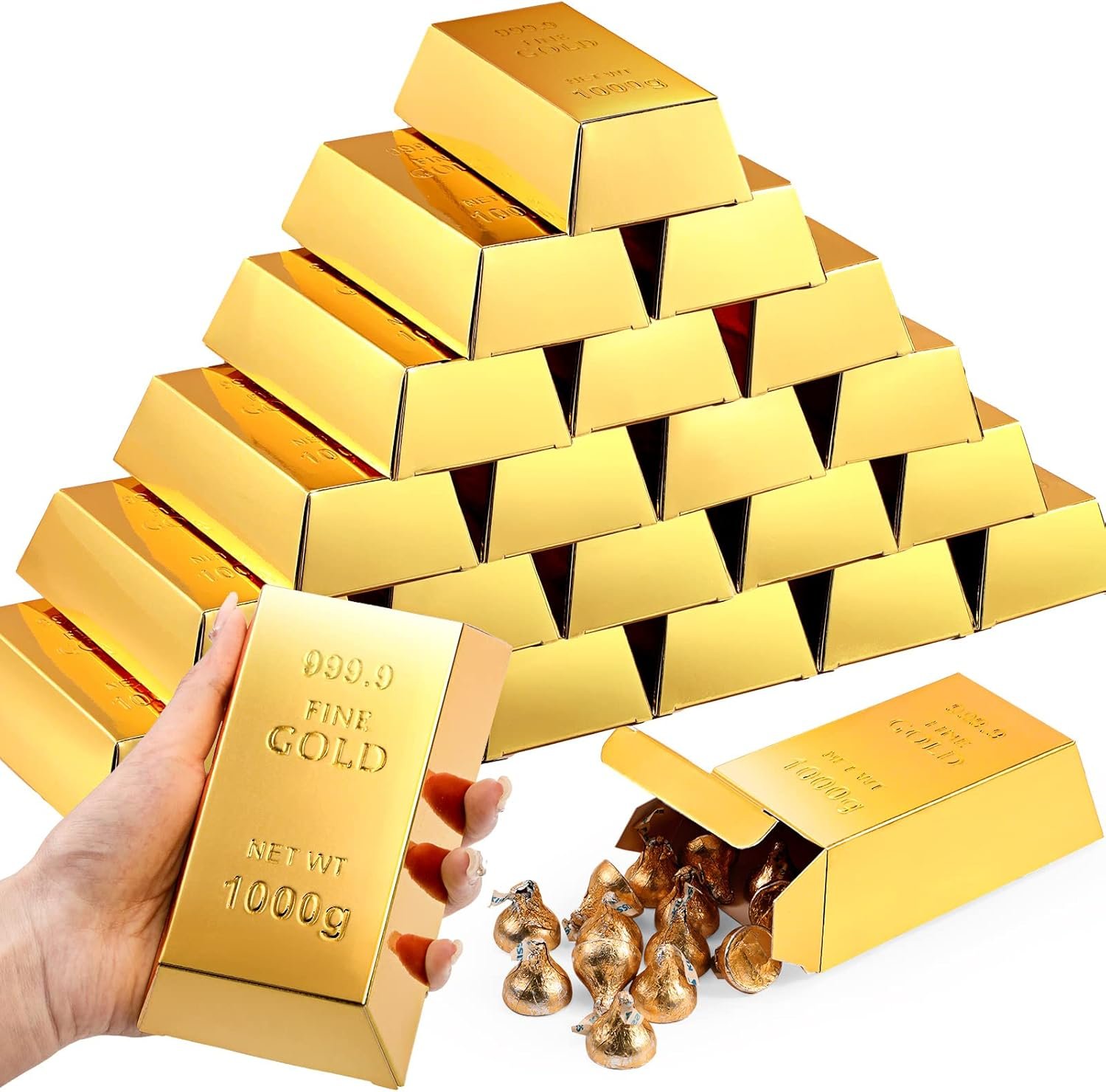 Honoson 24 Pcs Gold Bar Fake Gift Box Foil Gold Bar Party Favor Boxes Paper Golden Favor Boxes Treasure Brick for Pirate Casino Theme Party Decorations Candy Treats Chocolate Toys, 5.5 x 3.2 Inches