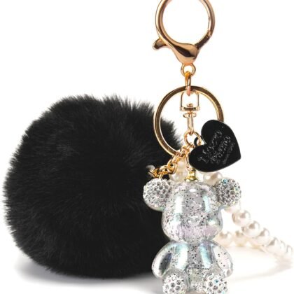 YOU WIZV Kawaii Cute Bear Keychain for Women, Bling Gummy Teddy Bear Pom Pom Key Chain Girly Wristlet Keychain for Backpack