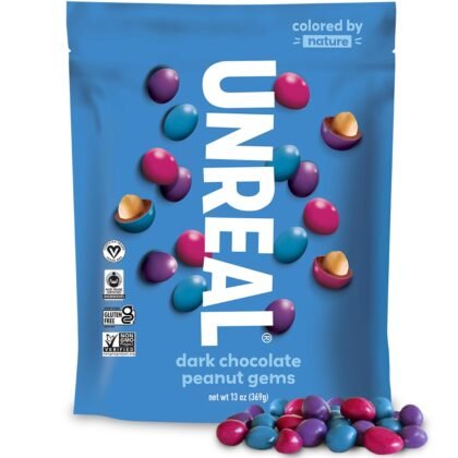Unreal Dark Chocolate Peanut Gems | Vegan with Colors from Nature | Fair Trade, Non-GMO, Gluten Free Ingredients | No Sugar Alcohols or Soy, 13oz, 1 Bag