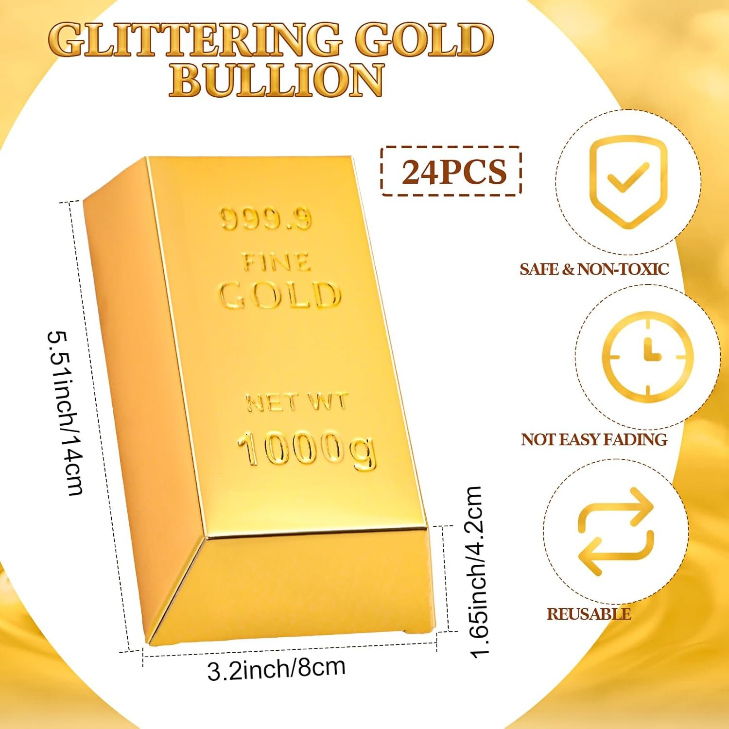 Honoson 24 Pcs Gold Bar Fake Gift Box Foil Gold Bar Party Favor Boxes Paper Golden Favor Boxes Treasure Brick for Pirate Casino Theme Party Decorations Candy Treats Chocolate Toys, 5.5 x 3.2 Inches - Image 2