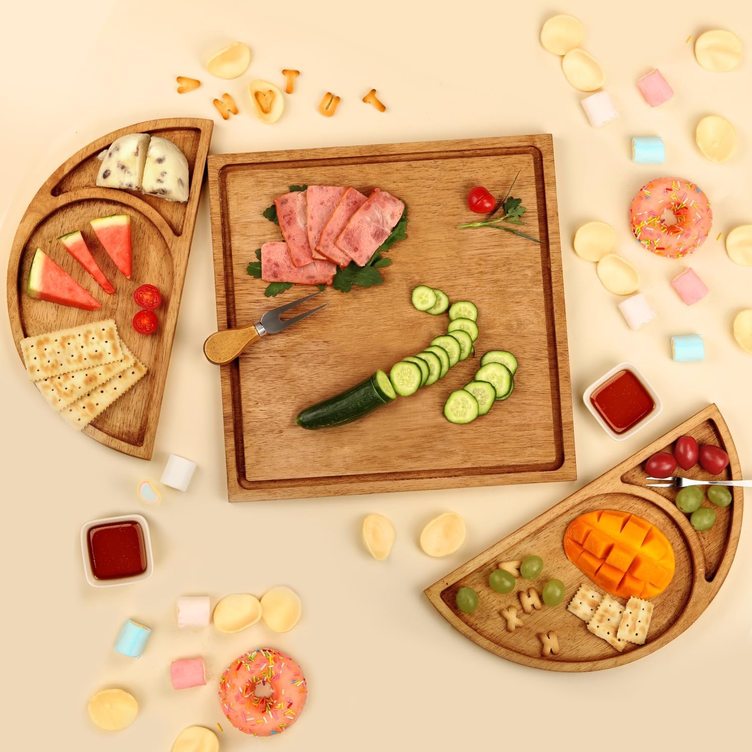 Extra Large Magnetic Charcuterie Board Cheese Board Gift Set 3 Part Square & Round & Heart Shaped Wooden Tray Serving Board Platter for Any Occasion - Image 4