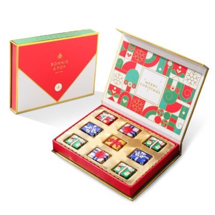 Christmas Card Gift, Holiday Chocolate Card Greeting Box, 9 Individually Wrapped Chocolates, Food Sweets Candy, Stocking Stuffer for Men, Women, Children, Bonnie and Pop