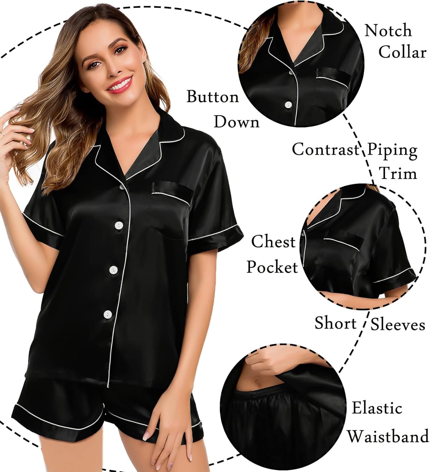 LecGee Womens Silk Satin Pajamas Short Sleeve Loungewear Two-Piece Sleepwear Button-Down Pj Set - Image 5