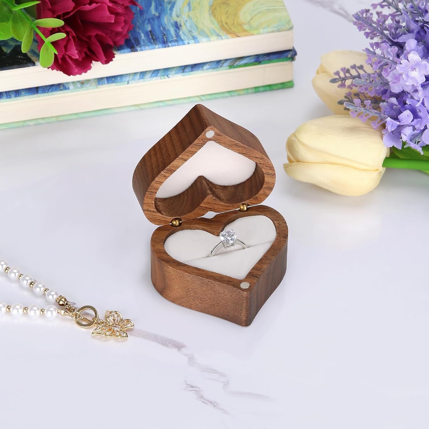 LETURE Wooden Heart Shape Ring Gift Box with Single Slot 2 Slot, Personalized Vintage Wood Jewelry Box for Proposal Engagement Wedding Ceremony Anniversary (White-1 Slot) - Image 7
