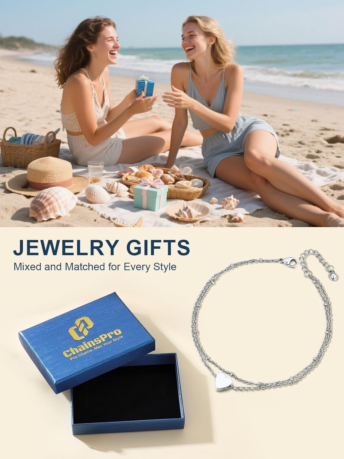 ChainsPro Womens S925 Sterling Silver Adjustable Anklet, Heart/Moon/Handcuff Ankle Bracelet,Summer Foot Jewelry, Stainless Steel/Gold Plated(Send Gift Box) - Image 6