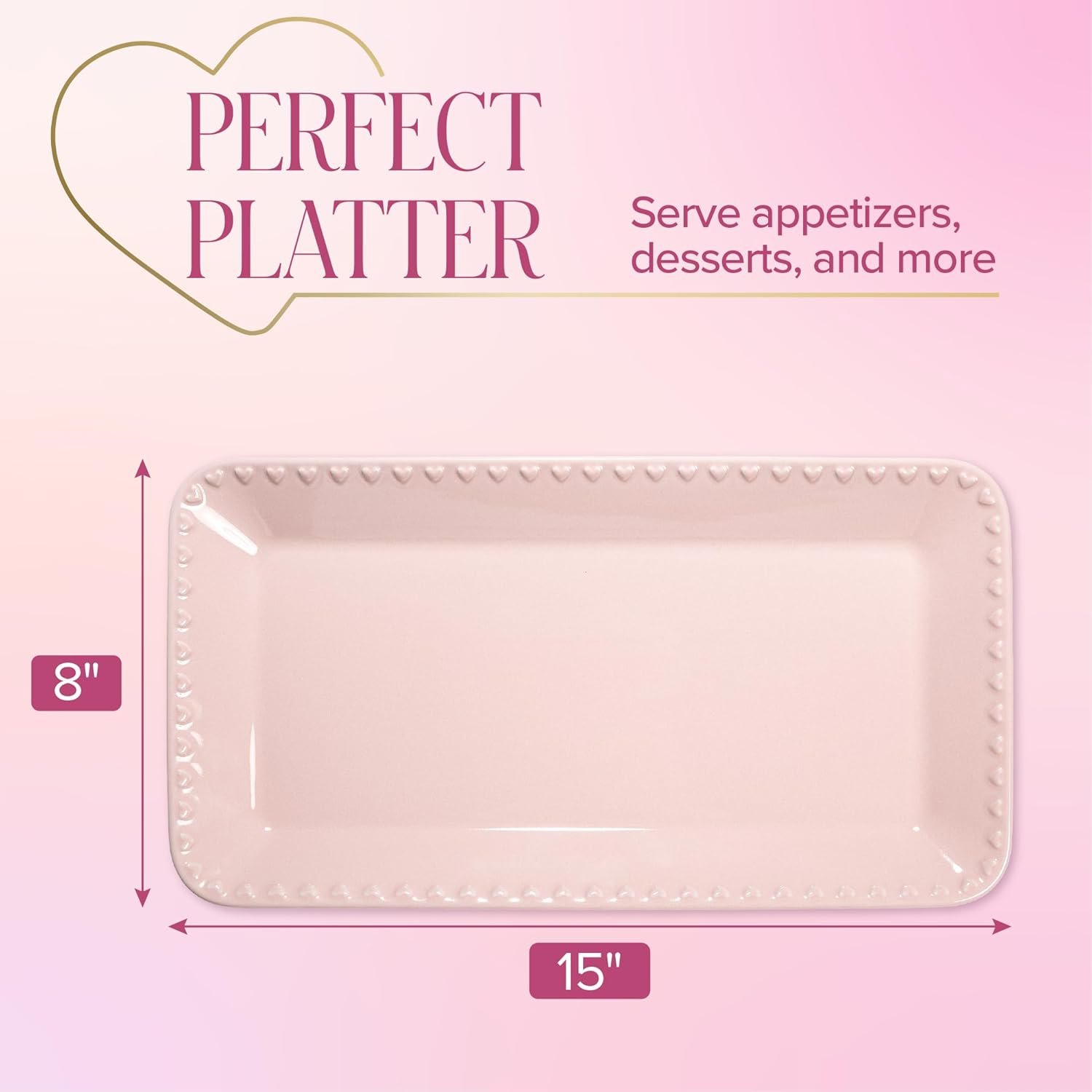 Paris Hilton Rectangle Ceramic Stoneware Serving Platter Tray, Embossed Hearts, Microwave Safe, 15x8-Inch, Pink - Image 6