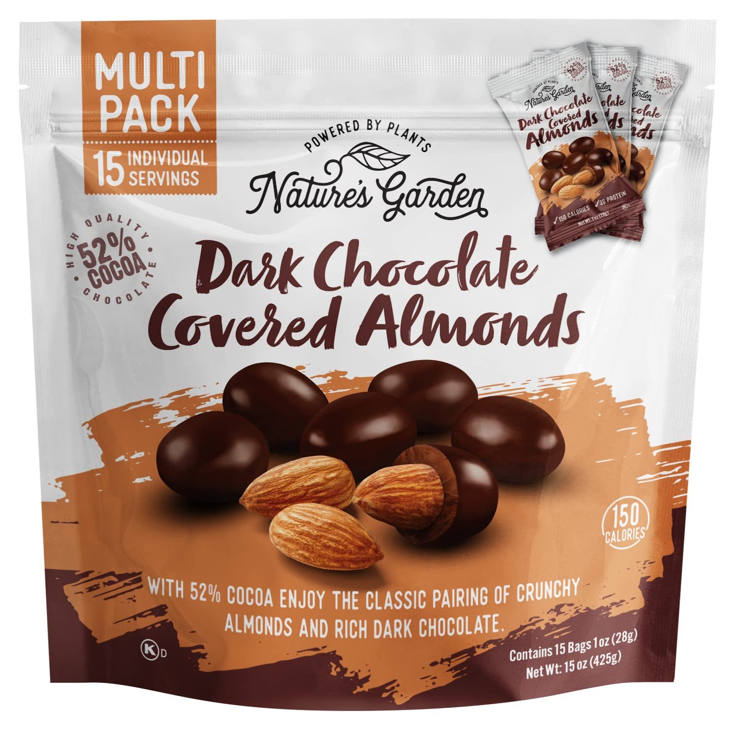 Nature's Garden Dark Chocolate Covered Almonds Snack Packs – No Trans Fat, Indulgent Snack, Dark Chocolate Almonds, Kosher Certified – 1 Oz Bags (15 Individual Servings)