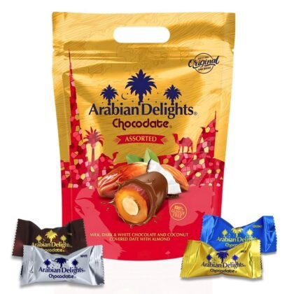 Intense Delish Chocolate Covered Almond Stuffed Dates - Arabian Delights Chocodate Assorted Pouch 460g – Premium Chocolate Dates Gift Pack in Milk, Dark, White & Coconut Chocolates Varieties