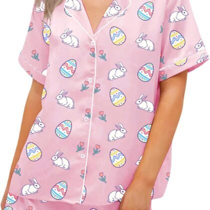 Women 2 Piece Pajama Sets Easter Egg Bunny Shorts Set Short Sleeve Button Shirt Shorts Two-Piece Holiday Outfit