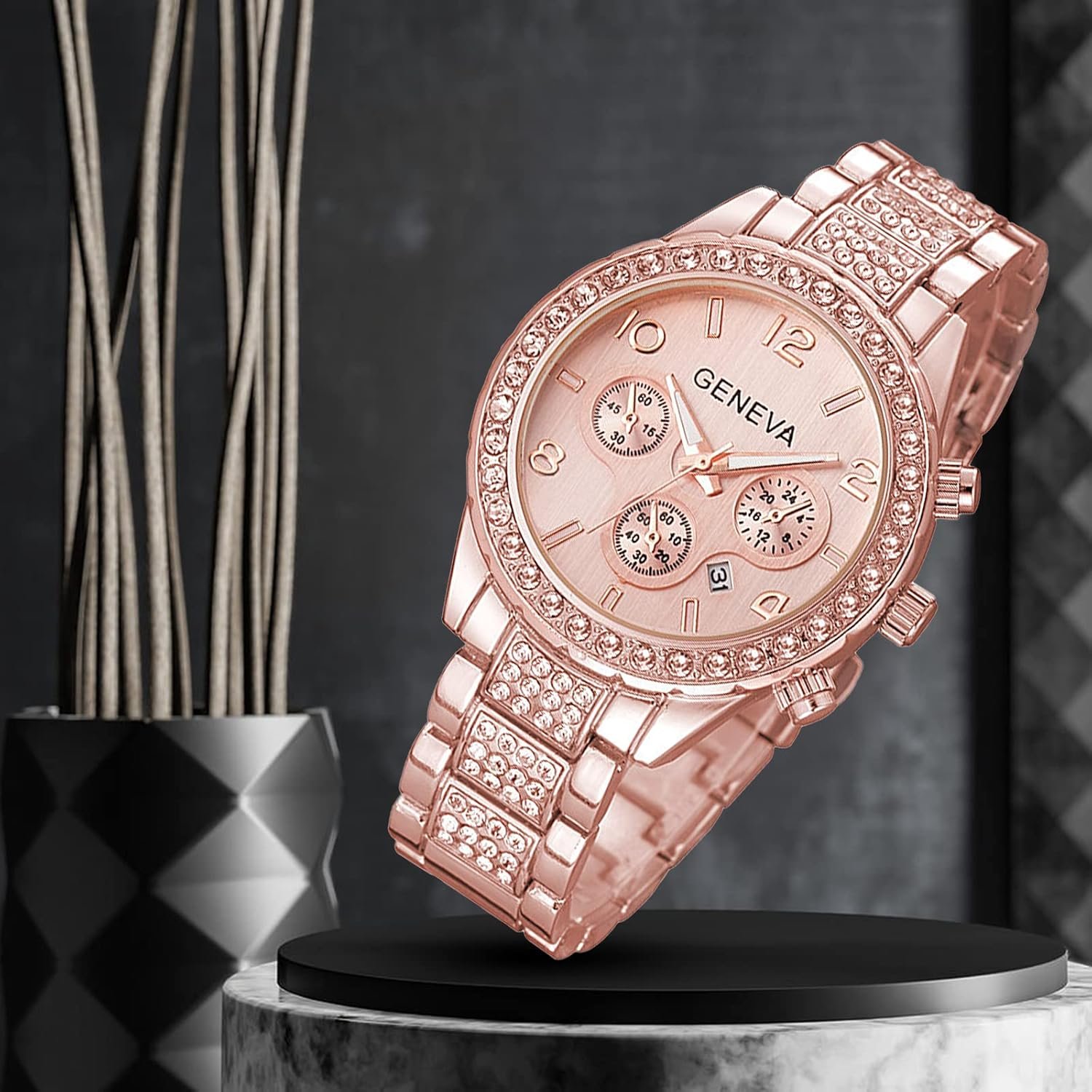 Luxury Unisex Crystal Diamond Watches Quartz Digital Calendar Rose Gold Silver Stainless Steel Watch - Image 3