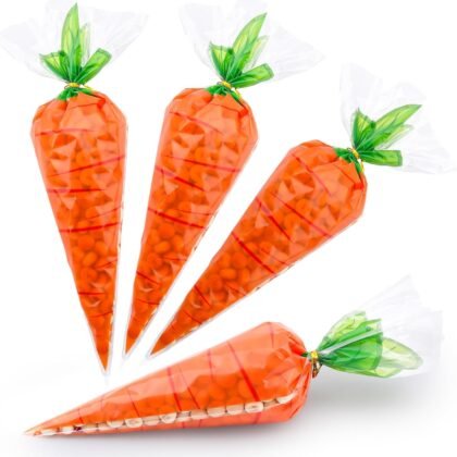 Easter Carrot Transparent Cone Cello Bags, Easter Treat Bags, Easter Goodie Bags, Cellophane Cone Shaped Candy Cookie Popcorn Snack Goody Bags with Twist Ties for Easter Party Favor Supplies, 50Pcs