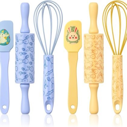 2 Sets Easter Mini Bake Set Include Spatula Whisk and Rolling Pin Bunny Carrot Egg Kitchen Cake Utensils Baking Supplies Gift