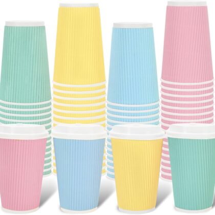 Whaline 100Pcs Pastel Color Disposable Coffee Cups with Lids 16oz Yellow Pink Blue Green Paper Cup Corrugated Ripple Wall Insulated Hot Cups for Spring Summer Silly Goose Home Office Party Supplies