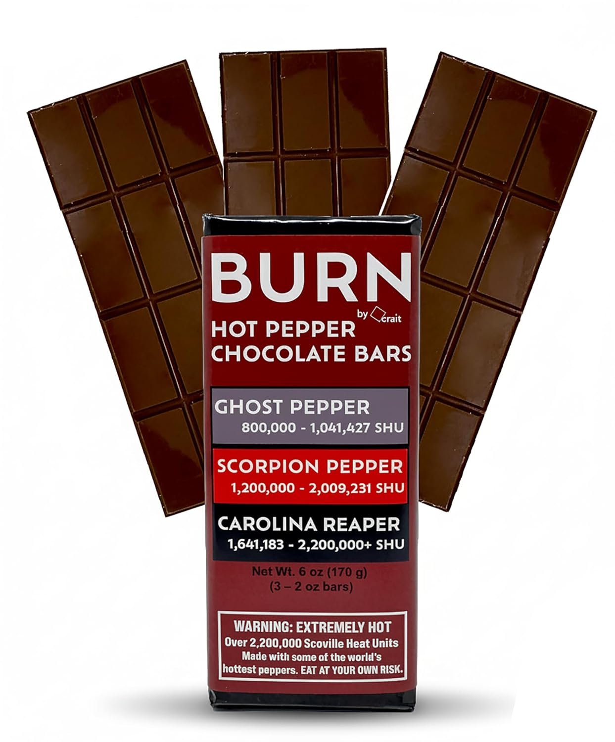 BURN Hot Pepper Chocolate Bars with Ghost Pepper, Scorpion Pepper and Carolina Reaper – Includes 3 Spicy Chocolate Bars