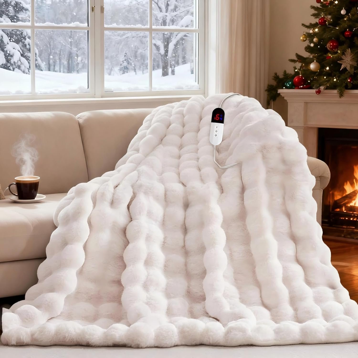 Heated Blanket Throw with 6 Fast Heating Levels,4 Hours Auto-Off,50x60 Cozy Faux Rabbit Fur Bubble Washable Electric Blanket with Overheating Protection,ETL Certification(Cream)