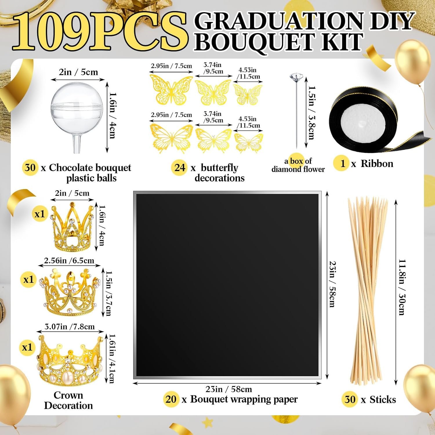 109 Graduation DIY Chocolate Flower Bouquet Kit 2026 Candy Rose Clear Acrylic Lollipop Ball Holder Floral Wrapping Paper 3D Gold Butterfly Crown Ribbon Grad Gift(Black and Silver) - Image 2