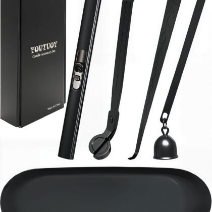 5 in1 Candle Accessory Set with Rechargeable Candle Lighter, Candle Wick Trimmer, Candle Wick Snuffer, Candle Wick Dipper, Storage Tray Plate, Candle Care Kit (Matte Black)