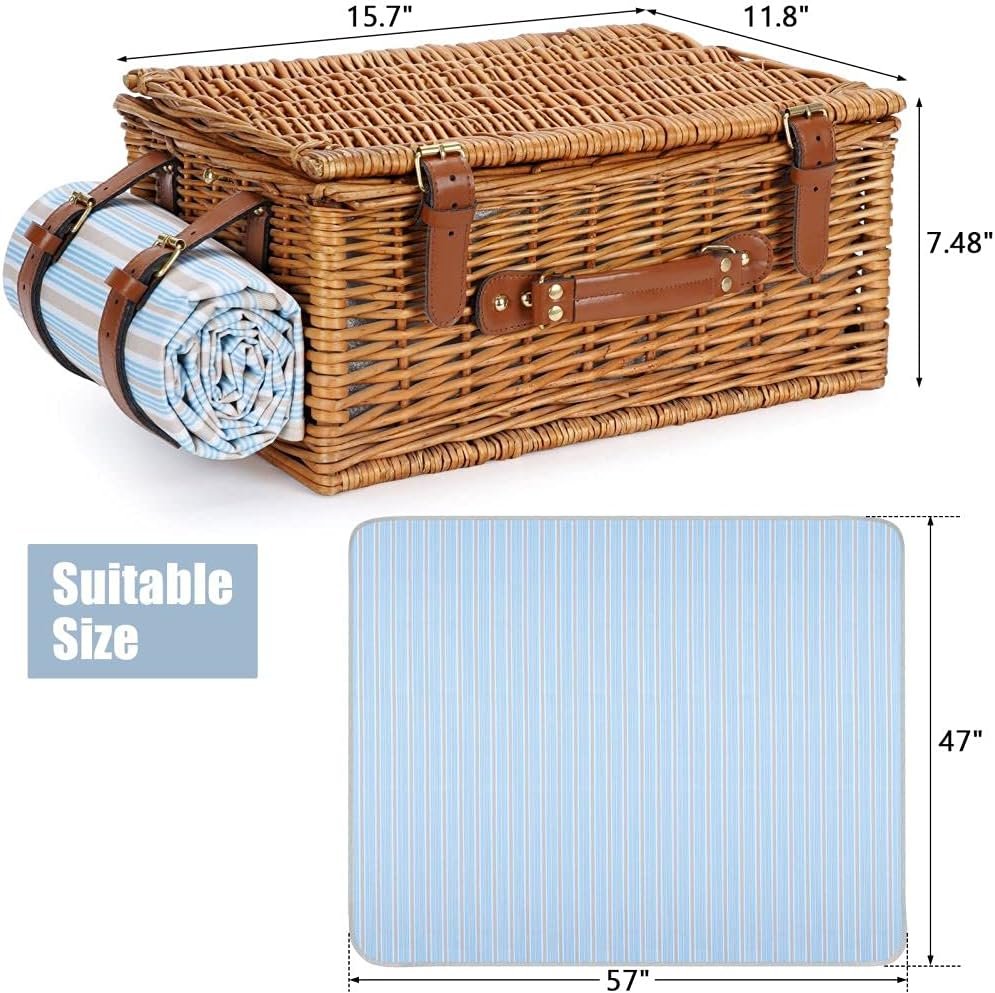 Picnic Basket Set for 2 Persons, Willow Hamper with Large Insulated Cooler Compartment, Waterproof Blanket and Cutlery Service Kit-Classical Brown - Image 6