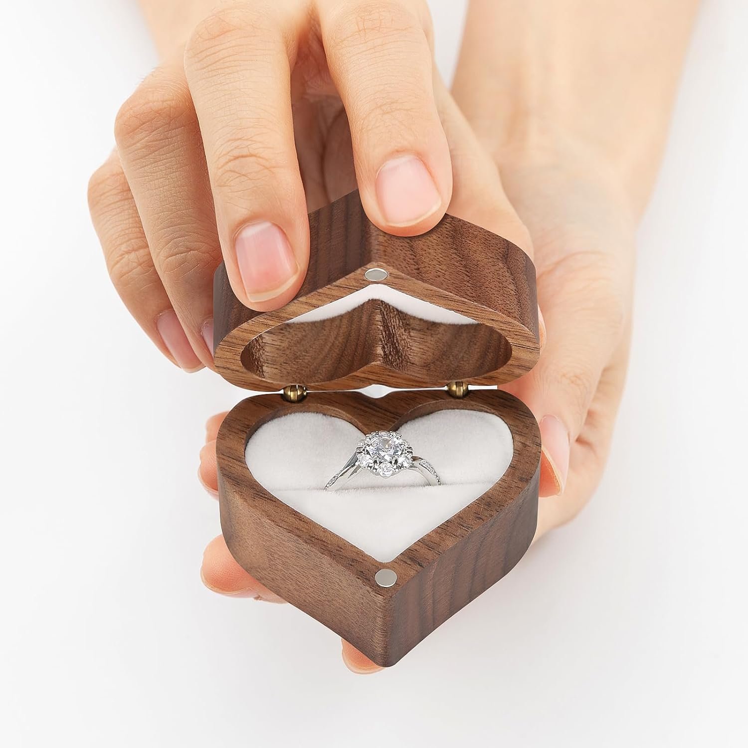 LETURE Wooden Heart Shape Ring Gift Box with Single Slot 2 Slot, Personalized Vintage Wood Jewelry Box for Proposal Engagement Wedding Ceremony Anniversary (White-1 Slot) - Image 3