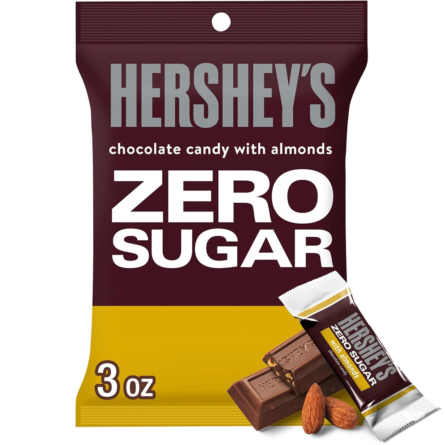 HERSHEY'S Zero Sugar Chocolate with Almonds Candy Bag, 3 oz